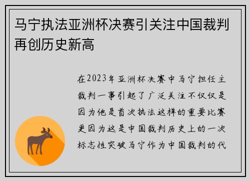 马宁执法亚洲杯决赛引关注中国裁判再创历史新高