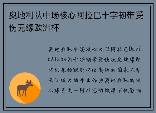 奥地利队中场核心阿拉巴十字韧带受伤无缘欧洲杯